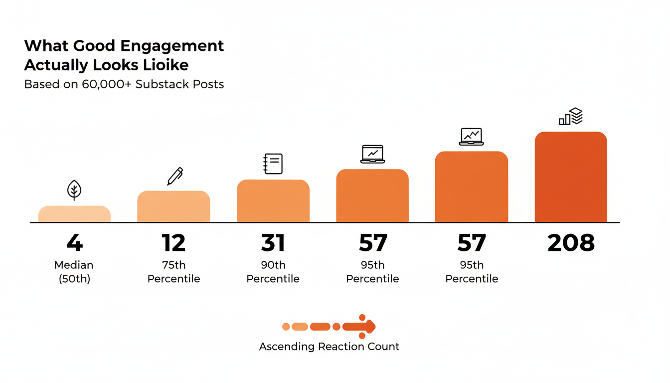 bar chart showing reaction count percentiles: median 4, 75th percentile 12, 90th percentile 31, 95th percentile 57, 99th percentile 208 reactions per post