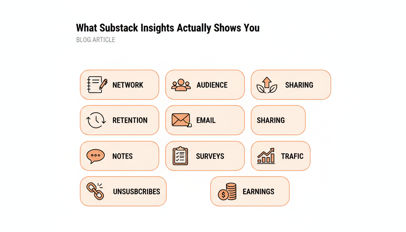 Grid of the ten categories on Substack's native Stats page: Network, Audience, Retention, Sharing, Notes, Email, Surveys, Traffic, Unsubscribes, Earnings.