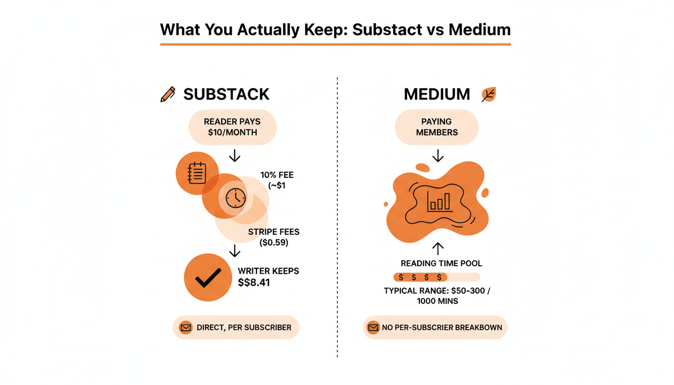 Bar chart comparing the two payment models: Substack keeps roughly 87% of a $10/month subscription after Substack's 10% fee and Stripe's ~2.9%+30¢ fee, paid directly per subscriber. Medium pays through a pooled reading-time formula estimated at $50-$300 per 1,000 minutes of member reading time, with no per-subscriber breakdown.