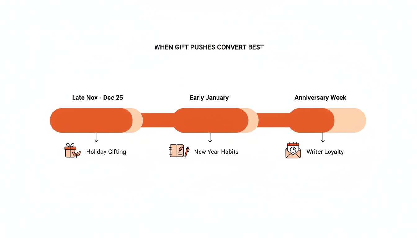 infographic: timeline of the highest-converting weeks for a gift push - end of November through December 25 (holiday season), first two weeks of January (New Year resolution reading), and the week of your publication's anniversary