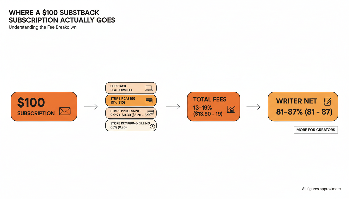 Bar chart showing the fee stack on a $100 Substack subscription: Substack platform fee 10%, Stripe processing fee roughly 2.9% + $0.30 per charge, Stripe recurring-billing fee 0.7%, for a total effective cost of roughly 13-19% depending on plan mix, leaving the writer with 81-87% net.