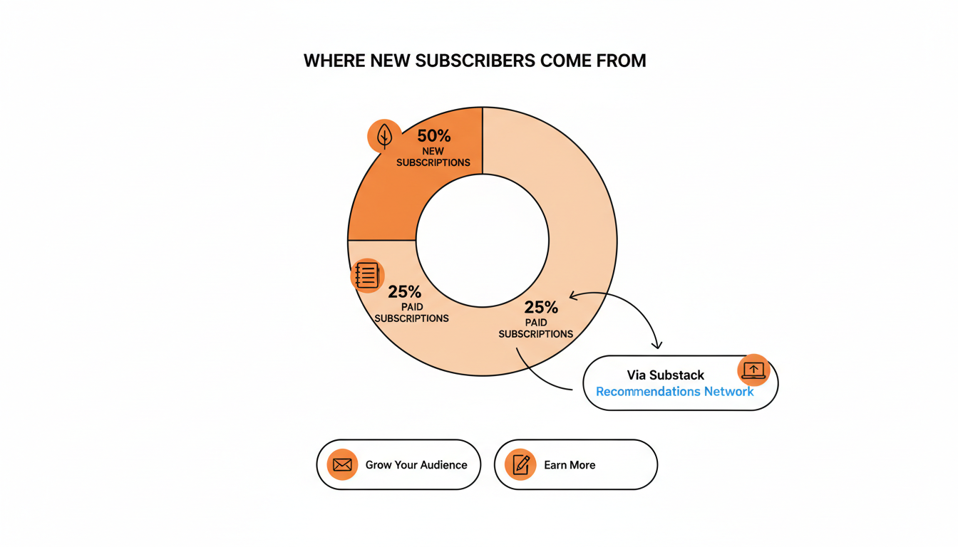 Chart showing share of new Substack subscriptions driven by the recommendations network.