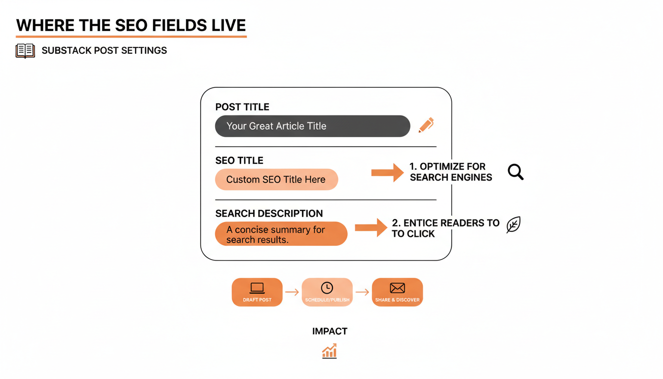 Screenshot-style graphic of the Substack post settings panel with SEO title and description fields highlighted.