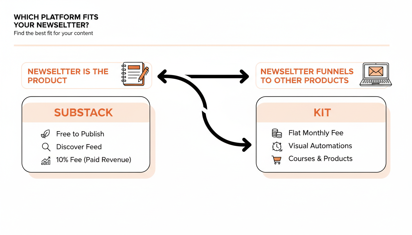 A simple decision flow: is the newsletter itself the product you sell, or a funnel into something else? Newsletter-is-the-product points to Substack, free tier, Discover feed, 10 percent fee only on paid revenue. Funnel-to-other-products points to Kit, flat monthly fee by list size, visual automations, built-in commerce.
