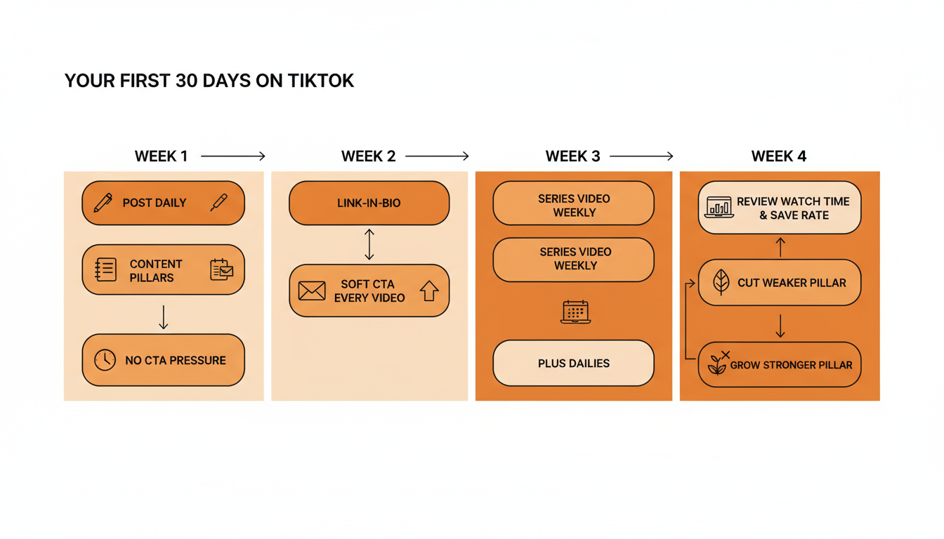 Numbered 30-day plan: Week 1, post daily using the one-idea method, no CTA pressure yet, just establish content pillars. Week 2, add a link-in-bio and a soft CTA on every video. Week 3, introduce one series-format video per week alongside dailies. Week 4, review watch time and save rate, cut whichever content pillar underperforms, and put more time behind the one that's working.